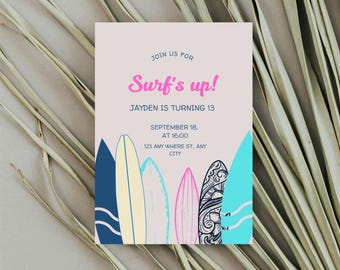 May include: A light pink invitation with the text "Surf's up!" and "Jayden is turning 13". The invitation features colorful surfboards in blue, yellow, pink, and teal. Additional text includes the date, time, and address.