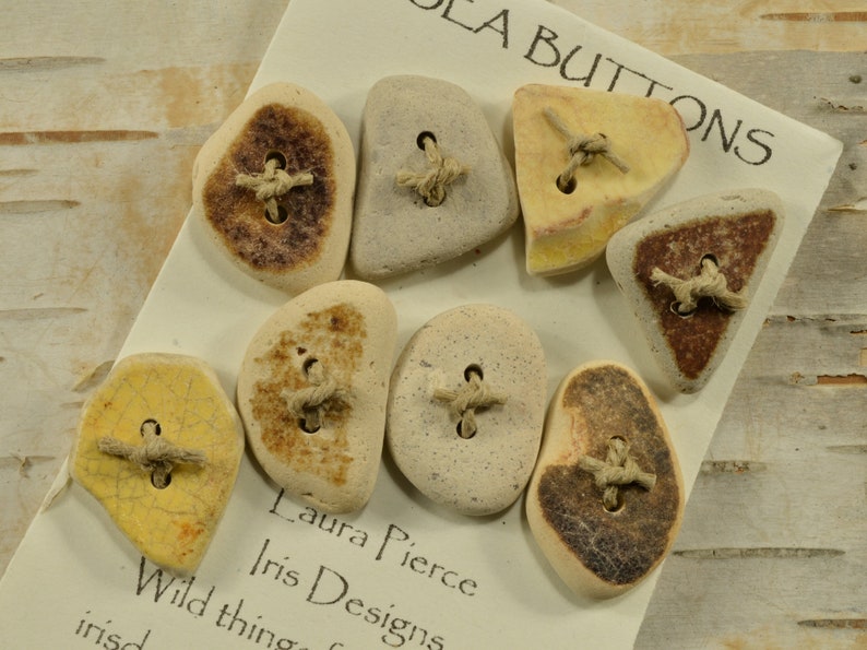 Great eight a set of yellow and cream genuine Maine sea pottery buttons quirky fun ecochic embellishment for sweaters and all knits