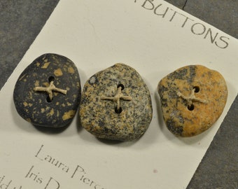 Colors a set of three  granite rectangular shaped  natural Maine sea/ beach stone buttons perfect for fiber arts