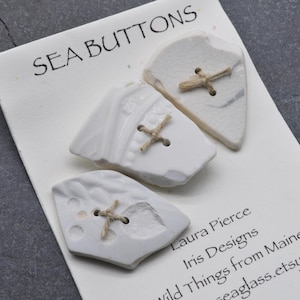 Set of three white  Maine sea / beach pottery buttons  eco friendly supply for knits