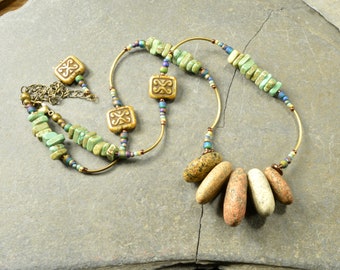 Swept away... a natural Maine granite stone and  turquoise magnasite adjustable necklace with Czech glass beads ecochic fashion