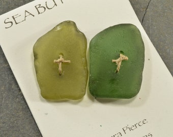 Set of two large  olive very old natural Maine sea glass beach glass buttons a very unusual color