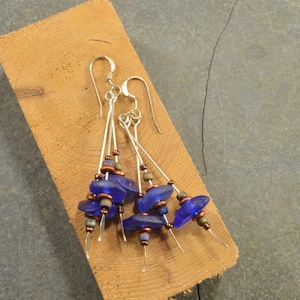 I got the blues.... triple dangle naturally ocean tumbled Maine cobalt blue sea / beach glass and sterling silver dangle earrings