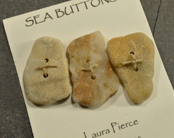 Set of three rectangular natural Maine sea / beach stone buttons in assorted shades  rustic artisan embellishments for fiber artists