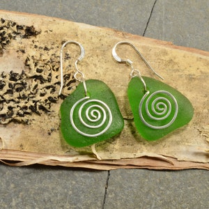 Beautiful emerald green authentic Maine sea/beach glass earrings with hand forged sterling silver spirals