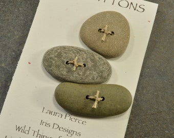 Assorted set of three natural Maine sea stone buttons for sweaters jewelry or craft, knitting supply, craft buttons, one of a kind