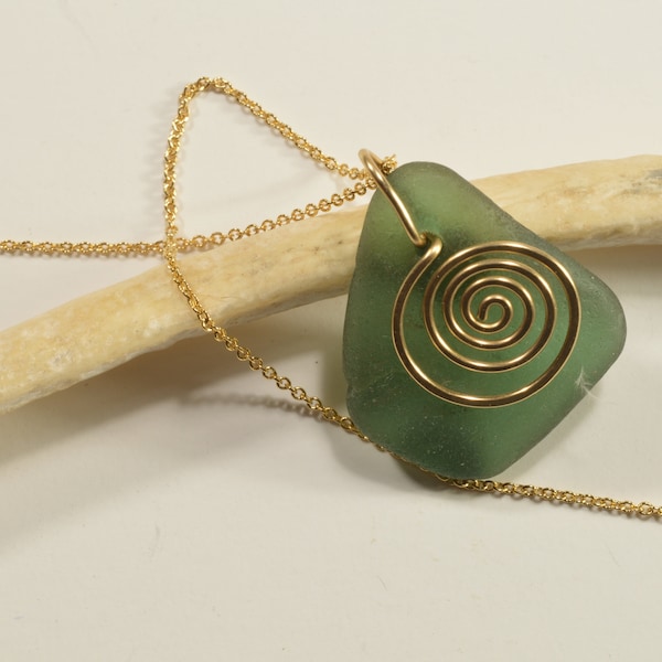 Gleaming  natural Maine olive green sea glass/beach glass necklace/pendant with a hand forged gold filled spiral