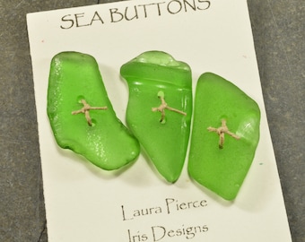 Green darts.....a  set of three vibrant green natural double drilled  Maine sea glass toggle buttons for all fiber arts
