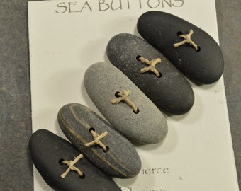 Set of five black and  grey stick fish  Maine sea stone long  toggle buttons ecochic  ocean style for knitters and jewelry craft