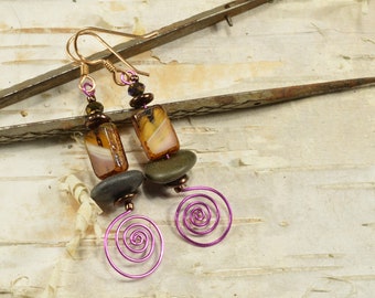 Wildly purple  a pair of lightweight genuine Maine black sea stone earrings with hand forged purple spirals colorful funky fun jewelry