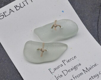 Pair of fish  two sea foam green genuine Maine sea glass buttons eco friendly accent for sweaters shawls jackets and jewelry craft