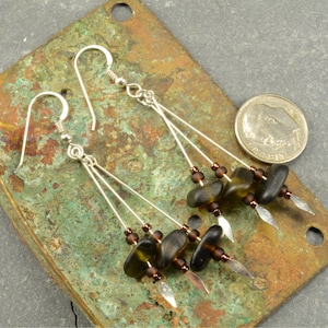 Tiny olives ....triple dangle authentic deep olive green sea glass and sterling silver earrings ecochic fashion statement