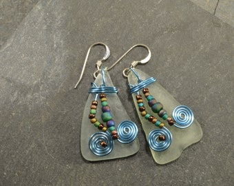 A touch of summer....whimsical and funky natural Maine sea glass bead and wire earrings in shades  of sea foam  and bluues
