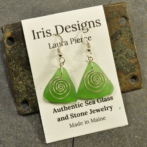 Emerald green Maine sea glass earrings with hand forged sterling silver spirals