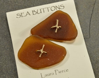 Two triangles a pair of  lovely molasses brown naturally ocean  freeform Maine sea glass buttons, knitting supply, craft buttons