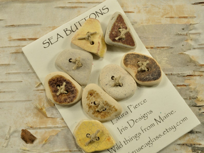 Great eight a set of yellow and cream genuine Maine sea pottery buttons quirky fun ecochic embellishment for sweaters and all knits