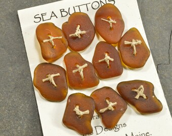 Ten molasses brown rectangle shaped naturally ocean tumbled Maine sea/ beach  glass buttons ecochic  embellishment for knitters