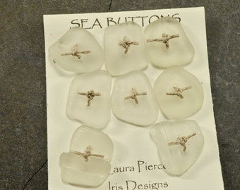 Eight gleaming white square authentic Maine sea/beach glass buttons  ecofriendly embellishment perfect for knitters and jewelry craft
