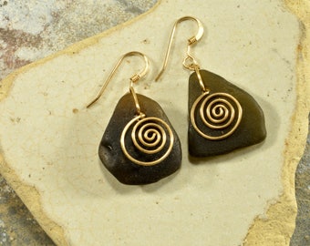 Deep olive spirals   genuine Maine sea / beach glass earrings with hand forged gold filled spirals rare colored sea glass jewelry