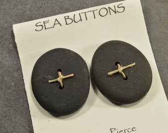 Two round  black genuine Maine sea/beach stone buttons ecochic natural ocean style for knitters and jewelry craft