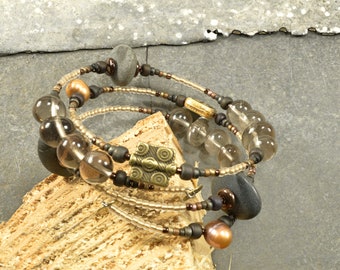 Smokey quartz and grey sea stones  an adjustable wrap bracelet made with super rounded genuine Maine sea stones and smokey quartz stones