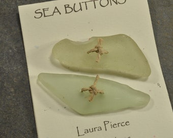 Two sticks    a pair of glowing sea foam genuine Maine sea glass buttons eco friendly accent for sweaters shawls jackets and jewelry craft