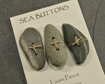 Three wilds   a set  of assorted genuine Maine sea / beach stone  buttons quirky and fun embellishment for knitters