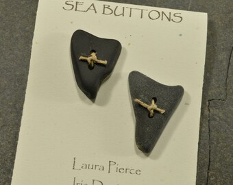 Rustic hearts - a pair of drilled jet black sea stone buttons from the coast of Maine