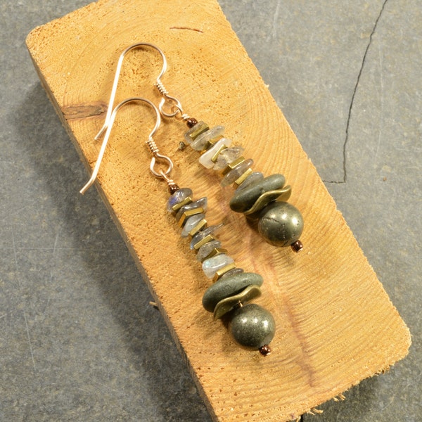 Labradorite fish bone earrings made with genuine Maine sea stones and pyrite eco friendly ocean style