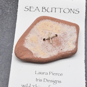 May include: A unique, reddish-brown sea button with a light beige, textured surface. The button has two holes and is attached with a natural-colored thread. The words "SEA BUTTONS" are printed above the button.
