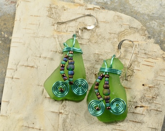 Green and blue authentic Maine sea / beach glass dangle earrings with funky bead and wire work colorful unique artisan jewelry from Maine