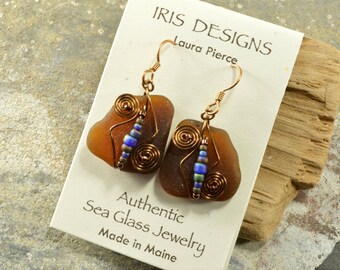 Beautiful brown bead and wire earrings    authentic Maine sea /beach glass  earrings