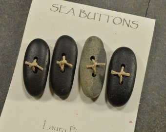 Baby fish  a set of four jet black and grey  toggle shaped natural Maine sea stone buttons for sweaters jewelry or craft