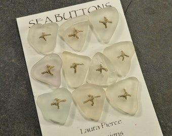 Ten little sweeties- a set of ten sweet  little  icy white drilled sea glass buttons from the coast of Maine