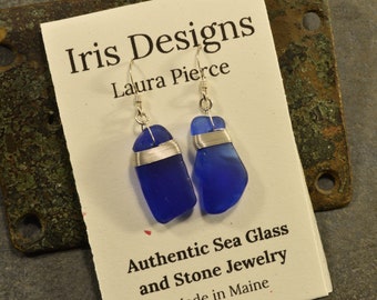 Cobalt blue genuine Maine sea / beach glass simply lashed  sterling silver earrings