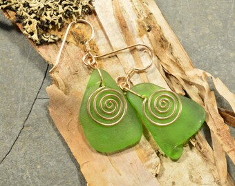 Perfect gleaming green genuine Maine sea / beach glass earrings with hand forged bronze spirals  eco friendly fashion jewelry from Maine