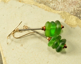 Green trees   a pair of stacked genuine Maine sea glass cairn dangle earrings naturally ocean tumbled one of a kind earrings