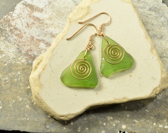 Perfect gleaming green genuine Maine sea / beach glass earrings with hand forged bronze spirals  eco friendly fashion jewelry from Maine