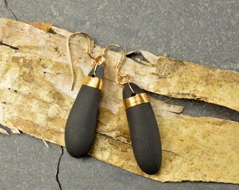 Classic simple lashed gold filled wire and authentic black Maine sea stone dangle earrings