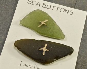 Shades   a set of two large deep olive black very old natural Maine sea glass beach glass buttons a very unusual color