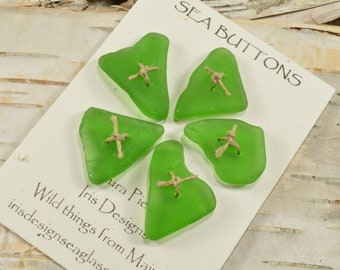 Vibrant green triangles     a set of five glowing green authentic  sea/beach glass  buttons from the coast of Maine