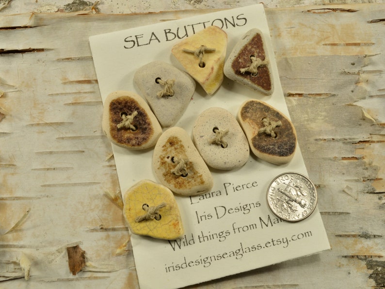 Great eight a set of yellow and cream genuine Maine sea pottery buttons quirky fun ecochic embellishment for sweaters and all knits