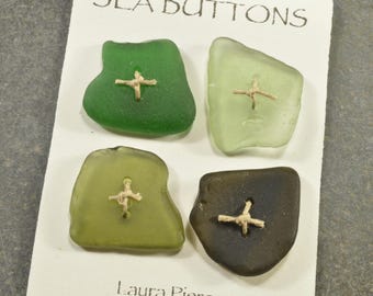 Set of four shades of  olive green drilled authentic sea glass buttons from the coast of Maine
