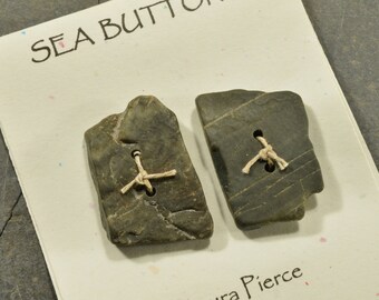 Square pair...two naturally ocean shaped deep grey Maine sea stone square buttons for all knit crafts