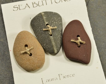 Stripe a set of three rectangular shaped  natural Maine sea/ beach stone buttons perfect for fiber arts