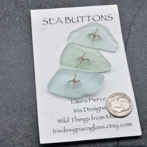 May include: Three sea glass buttons with gold-coloured metal accents are displayed on a white card. The card reads "SEA BUTTONS" at the top, with additional text below. A dime is placed next to the card for size reference.