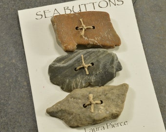 A set of three naturally ocean tumbled Maine rustic sea stone buttons rectangle double drilled in for fiber arts