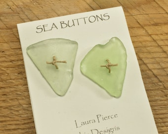 Another set of two sea foam pale green heart  shaped  sea/beach glass  buttons from the coast of Maine