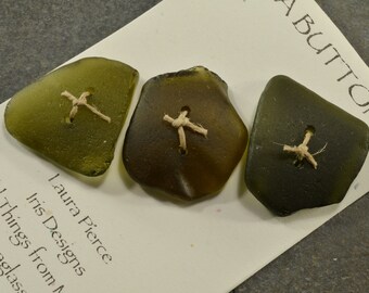 Set of three rectangle shaped  mixed olive black very old natural Maine sea glass beach glass buttons a very unusual color