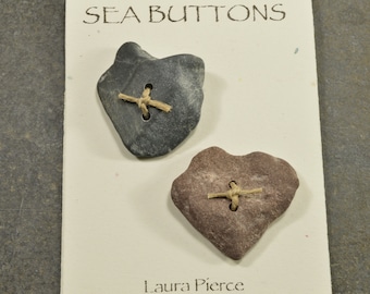 Two rustic hearts - a pair of drilled rusty red and tan sea stone buttons from the coast of Maine